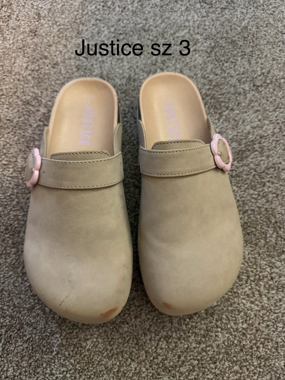 Justice Girls Tan Slip-On Clogs with Pink Buckles sz 3